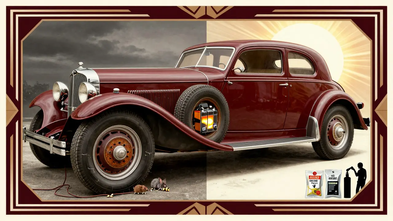 Контраст: разрушенная машина слева и идеально сохранённая — справа, в стиле ар-деко с геометрическими рамками.