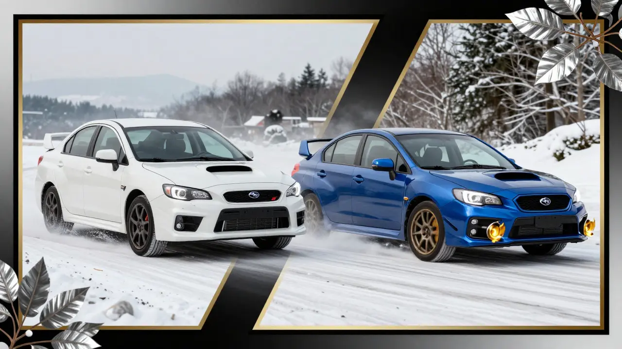 Lancer X Ralliart и Subaru WRX STI в маневре на снегу: один мягкий, другой в заносе, стиль — декоративные линии и зимние мотивы.
