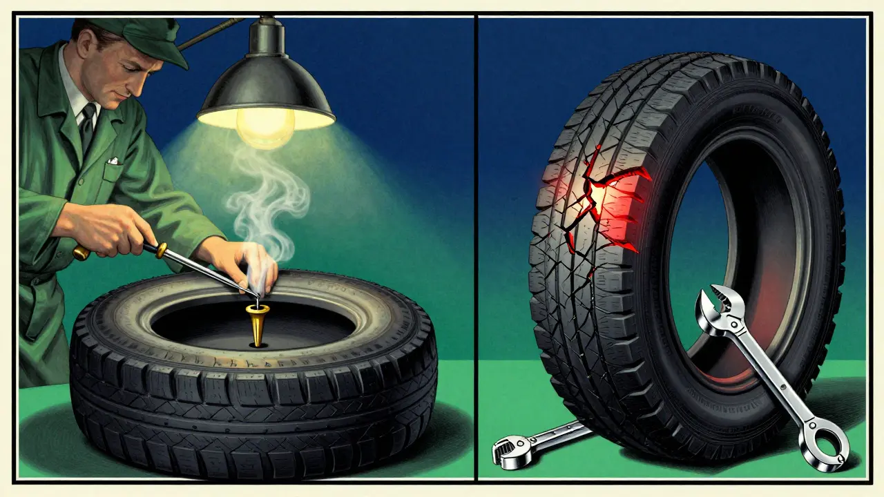 Мастер устанавливает грибок в шину, внутри видна вулканизация, рядом разрушающаяся шина.