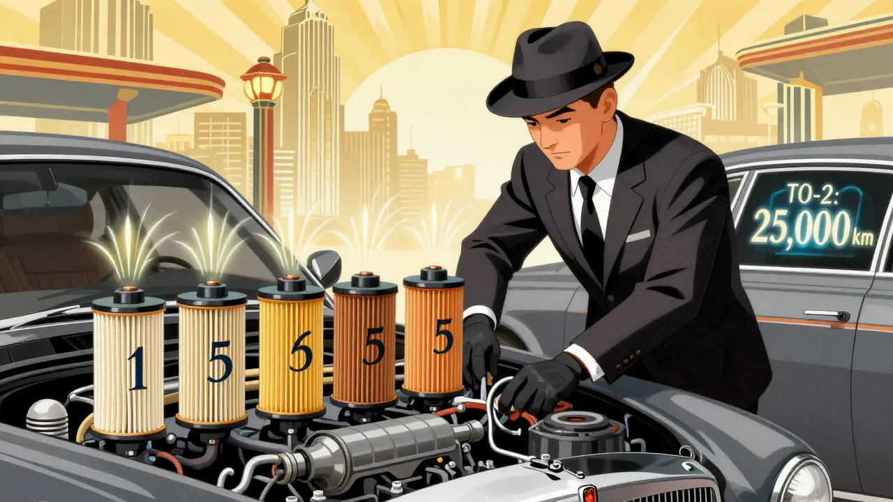Механик заменяет фильтры на машине, фон — город в стиле ар-деко с указанием пробега.