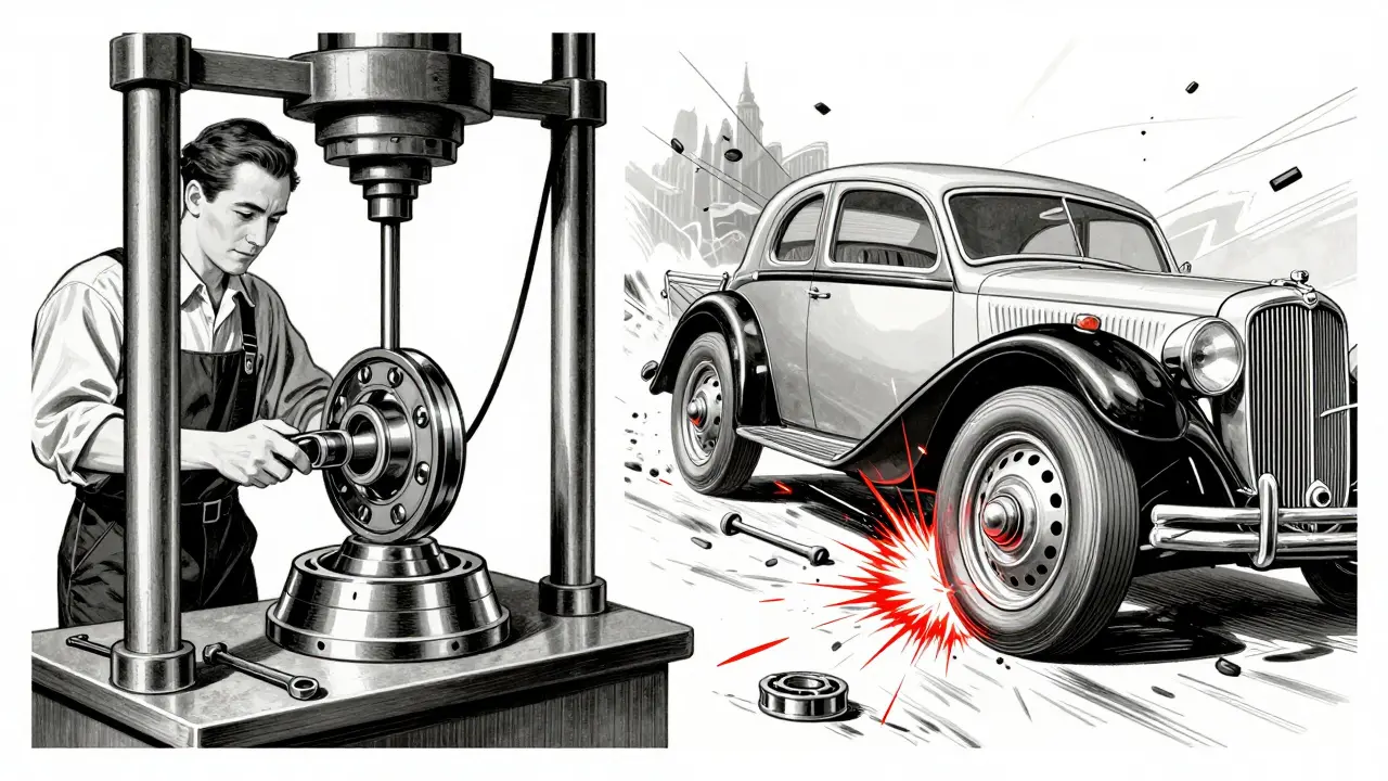 Механик заменяет подшипник — слева спокойствие, справа авария, в стиле винтажной рекламы безопасности.