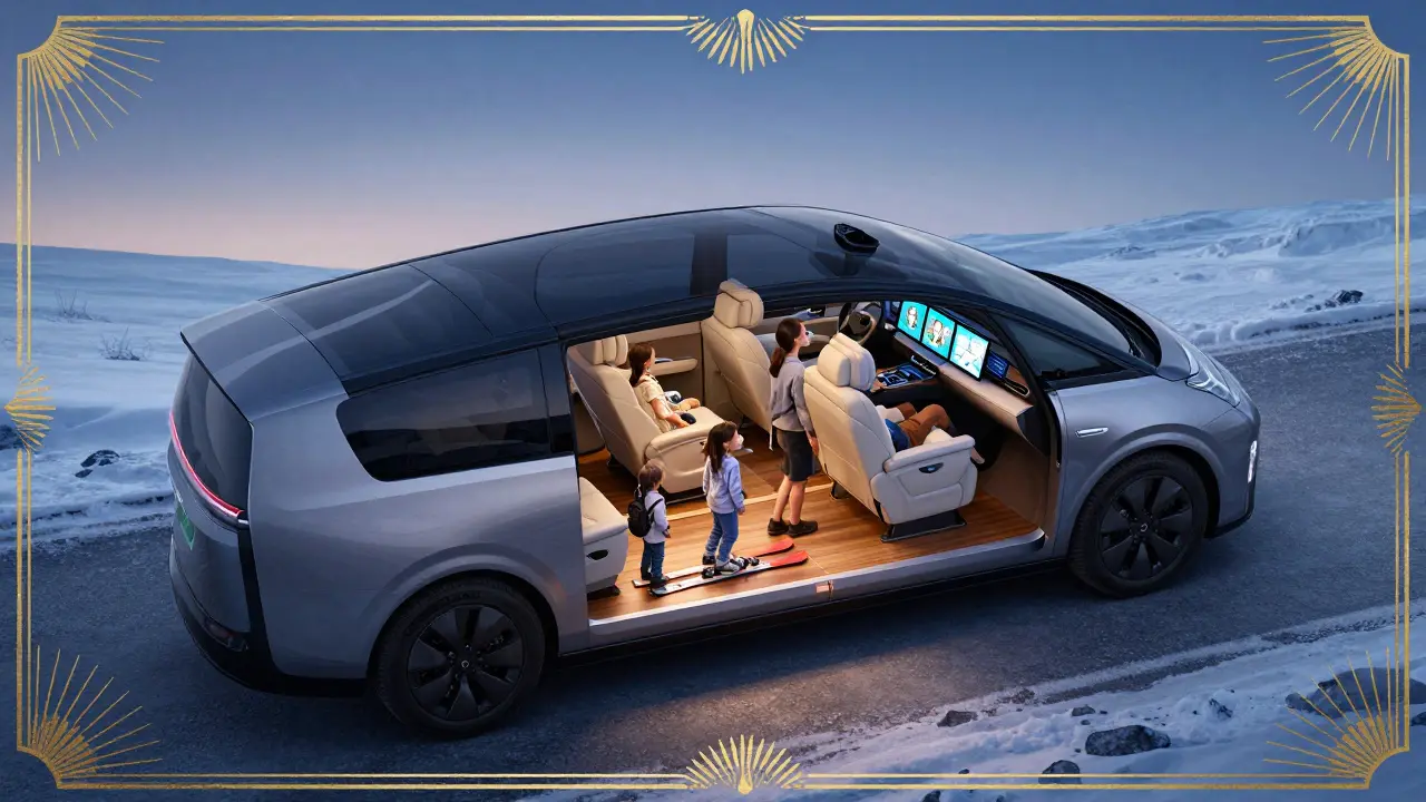 Минивэн VOYAH DREAM с убранными сиденьями в пол, ровная грузовая площадка с лыжами и диваном, светодиодные экраны на панели.