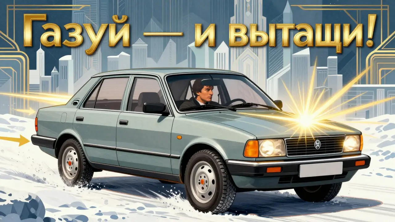 Переднеприводный автомобиль вытягивает заднюю часть газом, визуализация тяги в стиле ар-деко.