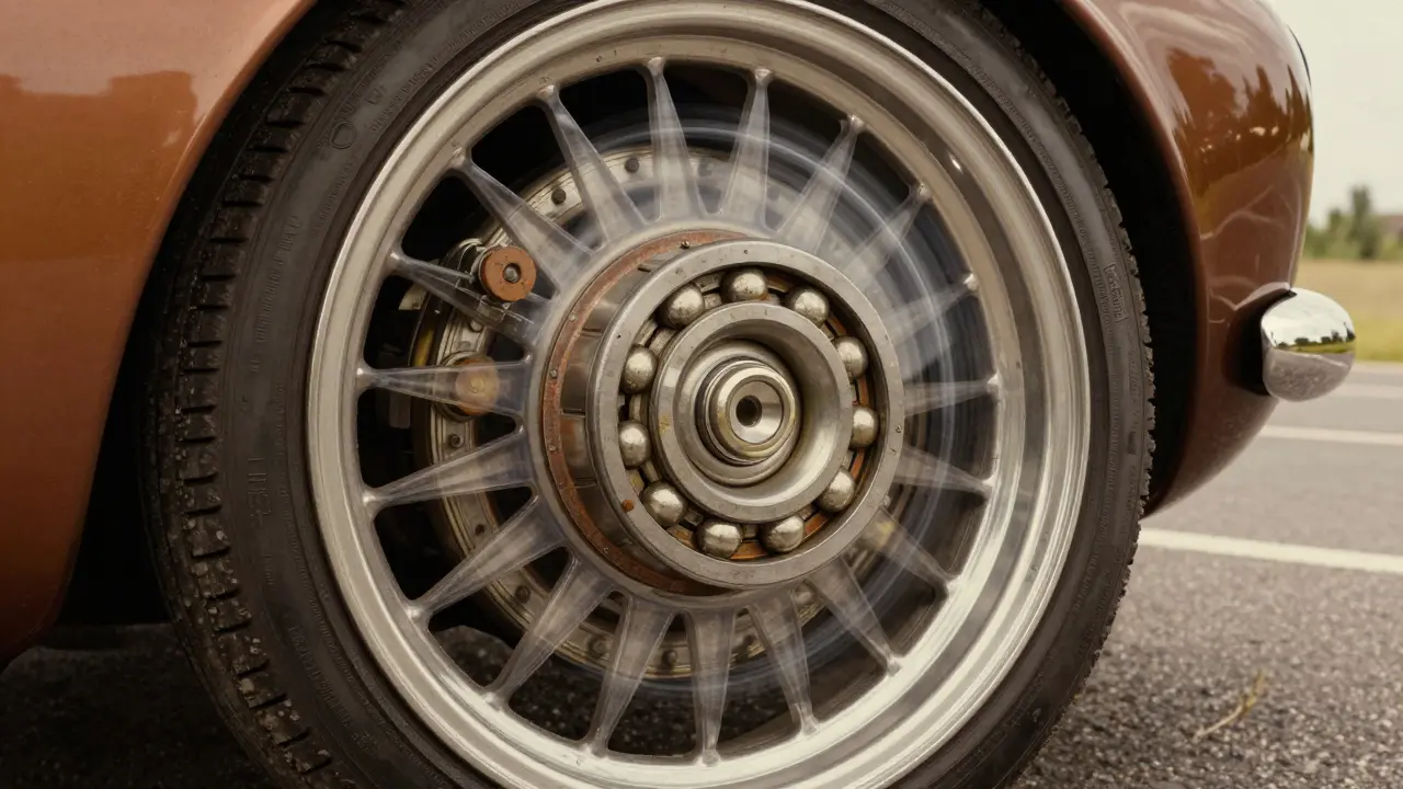 Прозрачное колесо с внутренними деталями: изношенный подшипник и новый, в геометрическом стиле ар-деко.