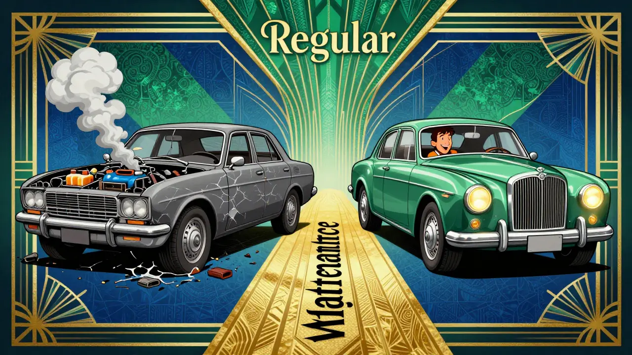 Разделенная сцена: разрушающийся автомобиль слева и идеально обслуженный — справа, связанные дорогой обслуживания.