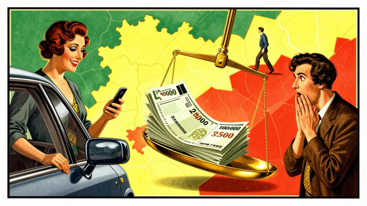Разделённая сцена: счастливый пользователь слева и шок от нереальных штрафов справа, на фоне зон каршеринга.