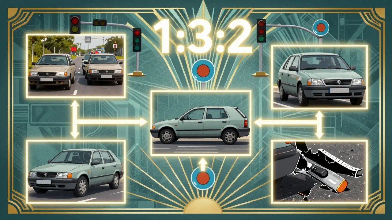 Схема фотофиксации ДТП: общий план, три ракурса и детали повреждений с масштабом.