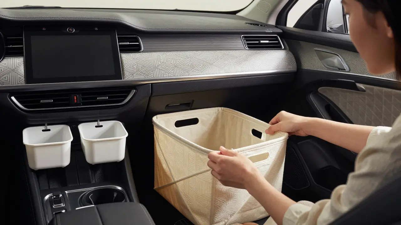 Складная корзина в багажнике и упорядоченные контейнеры в салоне, стиль ар-деко, акцент на чистоте и элегантности.