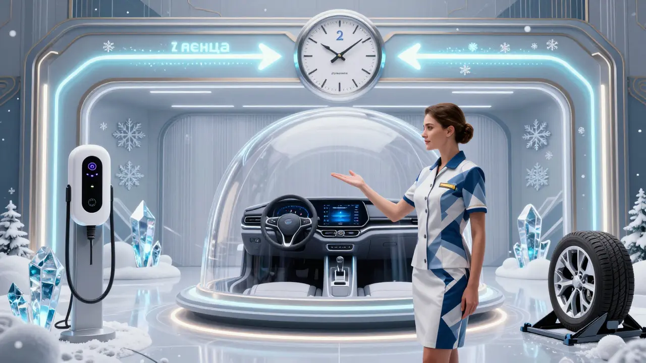 Современный гараж с умным зарядником и защитными элементами, автомобиль под куполом, техник указывает на идеальный заряд аккумулятора.