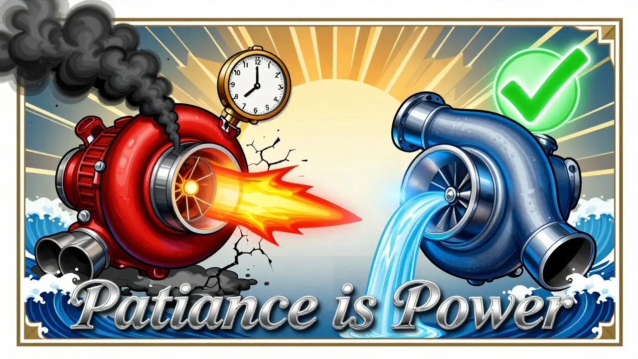 Split-screen Art Deco ad showing a damaged turbo with soot versus a healthy one with flowing oil, symbolizing the cost of neglect.