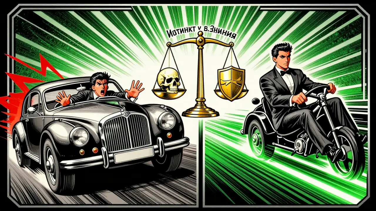 Сравнение неправильного и правильного действий при заносе в стиле ар-деко, с символами инстинкта и знания.