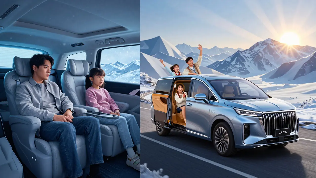 Сравнение: неудобный Hongqi HQ9 слева и комфортный GAC M8 справа с подогревом, климат-зонами и сдвинутыми сиденьями.