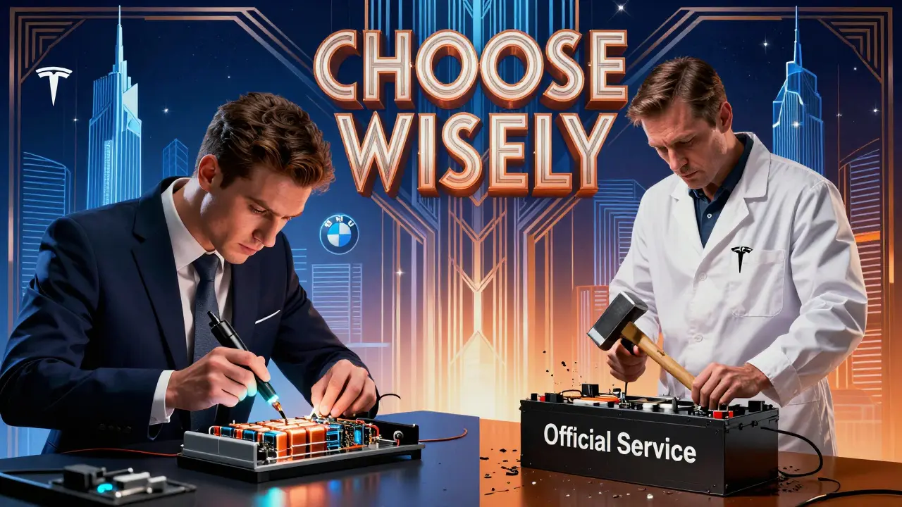 Сравнение: ремонт одного модуля батареи против полной замены, на фоне логотипов Tesla, BMW и Hyundai.