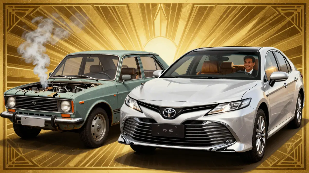 Сравнение старой Lada и новой Toyota Camry в стиле ар-деко: выбор между расходами и доходом.