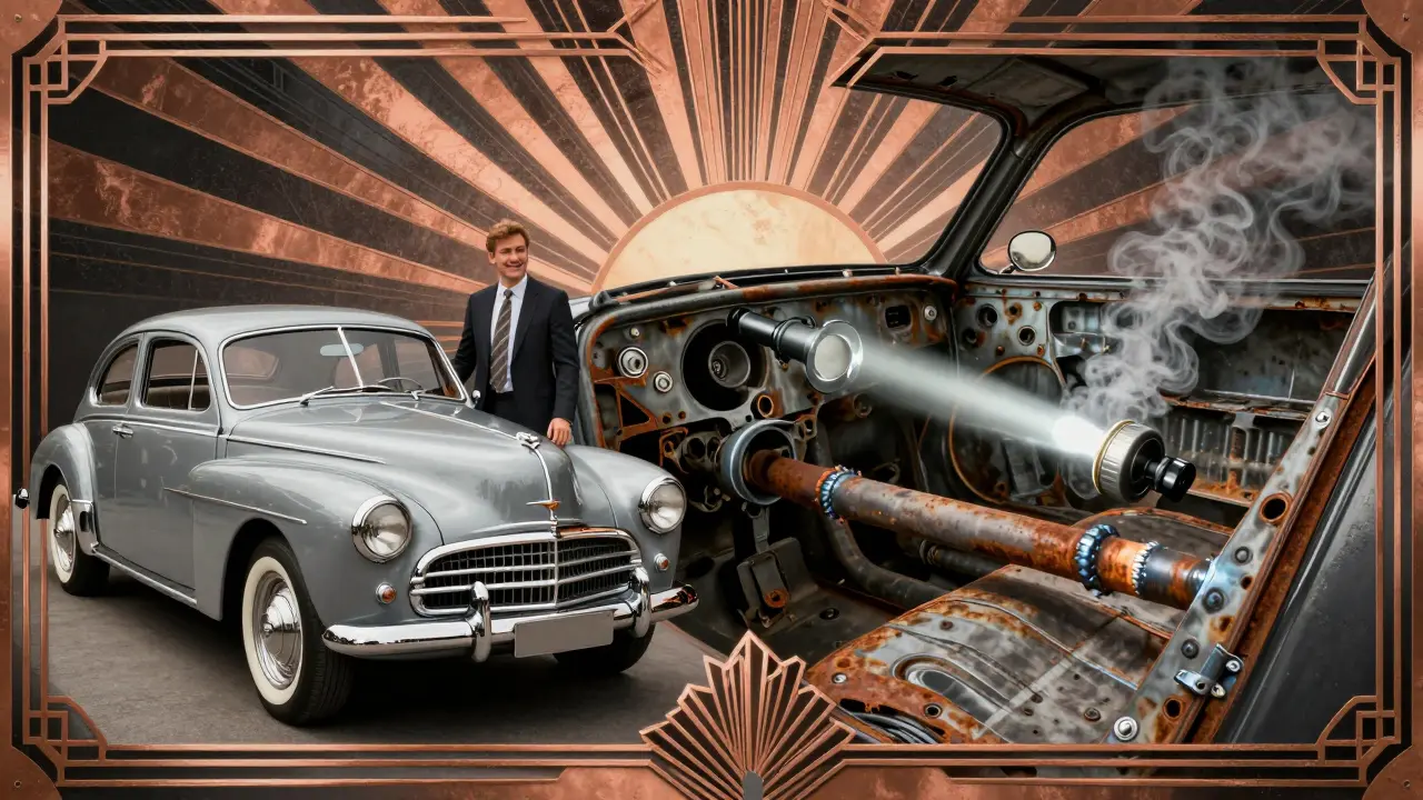 Сравнение внешнего вида автомобиля и скрытой коррозии внутри кузова в стиле ар-деко.