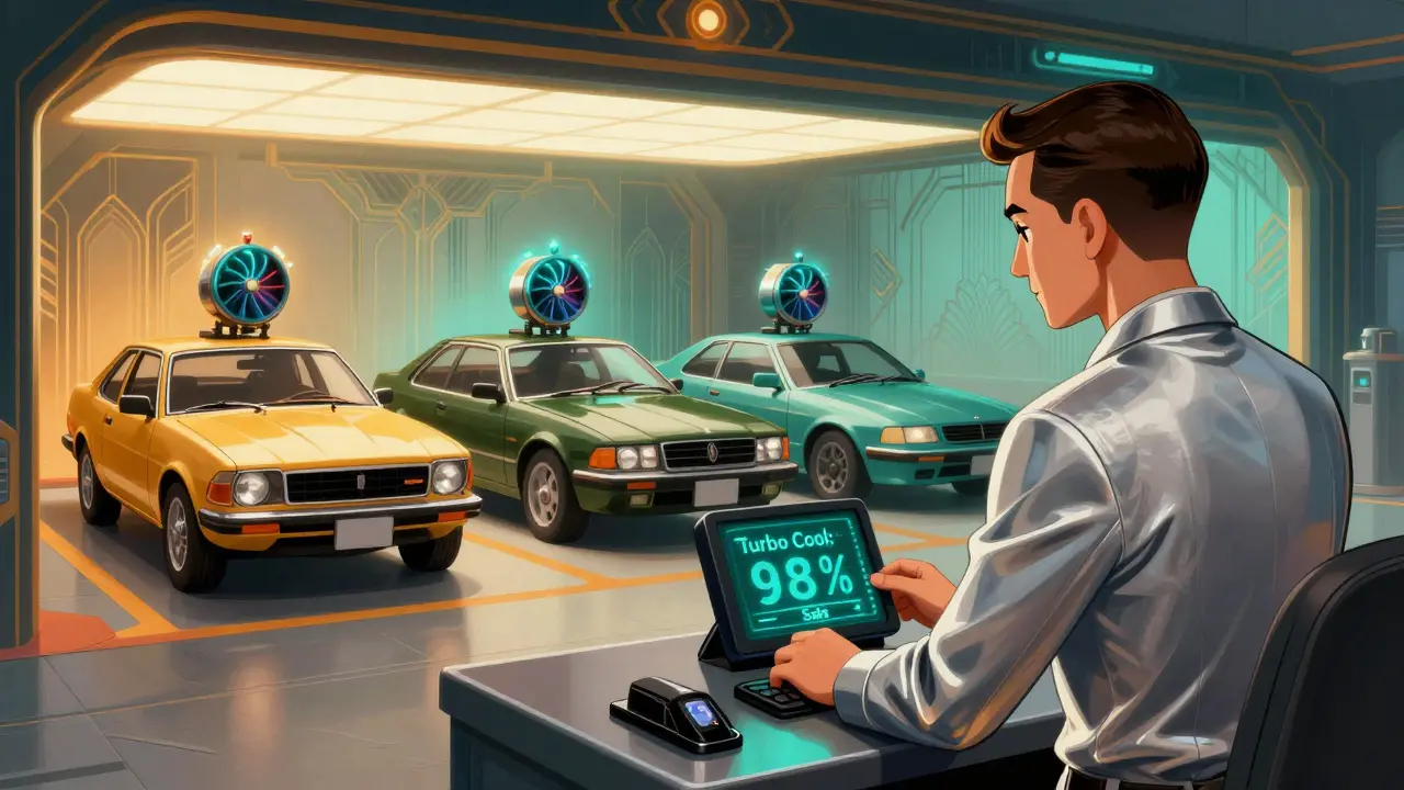 Three vintage-style cars with animated cooling timers, illustrating how turbo cooldown times vary by model year in an Art Deco garage.