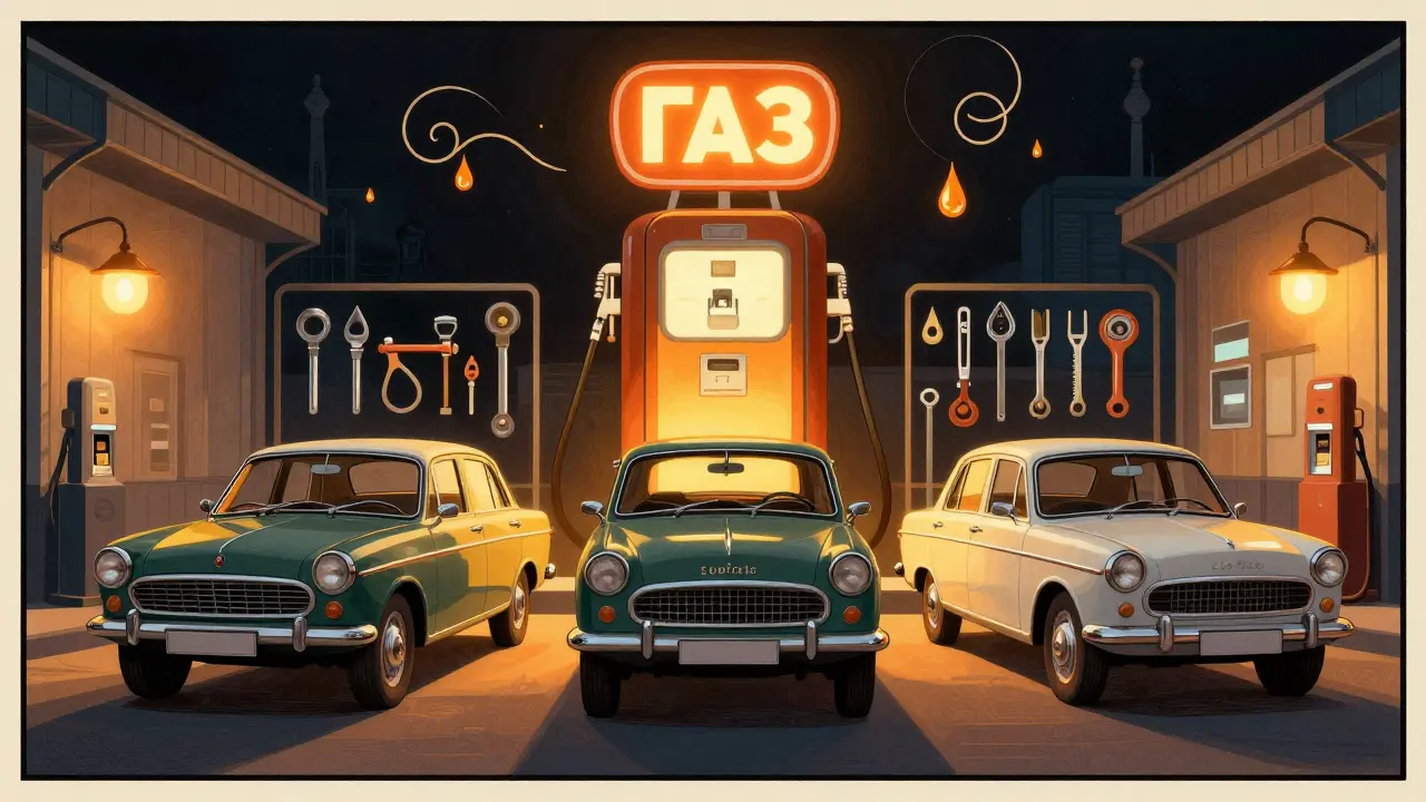 Три популярные такси-машины в гараже под светом ламп, символизирующие надежность и экономию в стиле ар-деко.