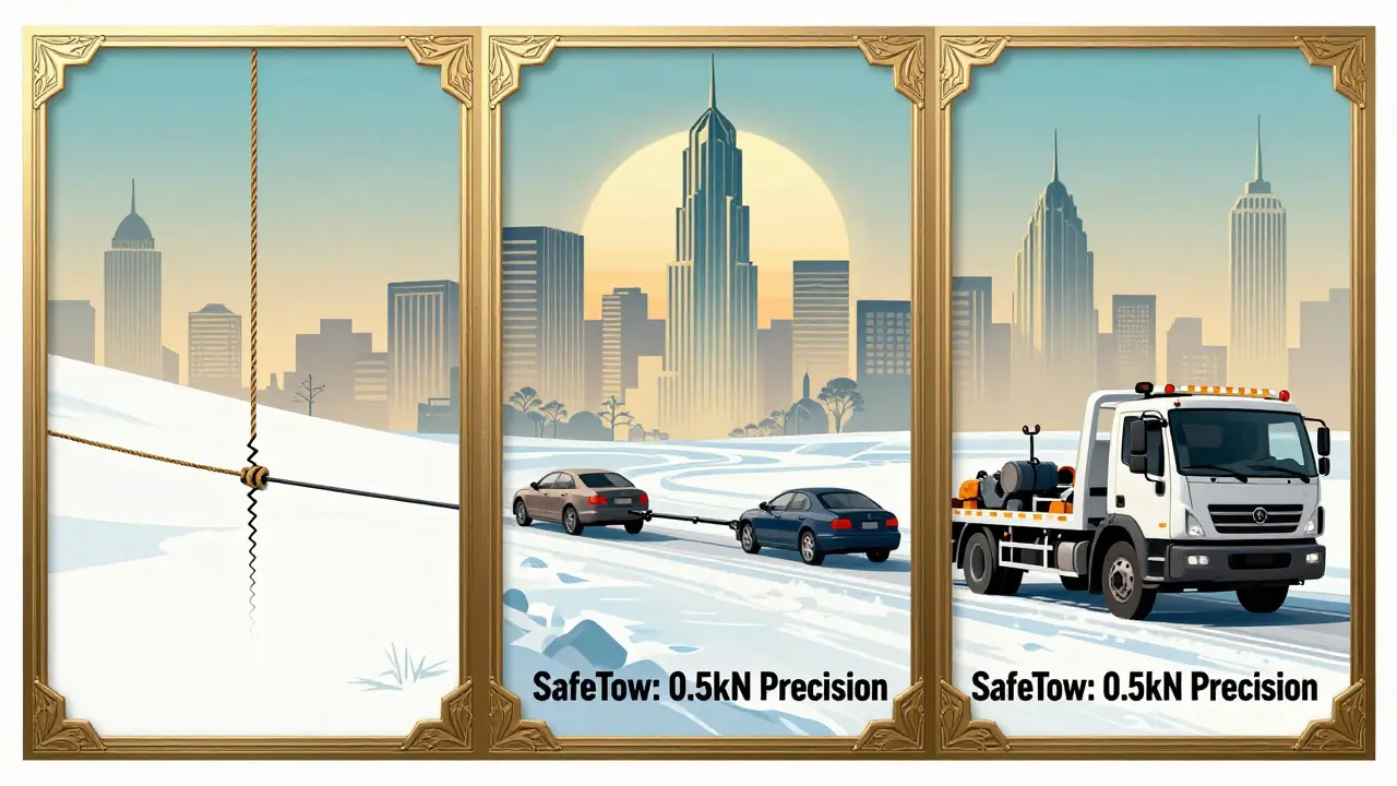 Три способа буксировки: трос, жесткая сцепка и эвакуатор — в стиле ар-деко с декоративными рамками.