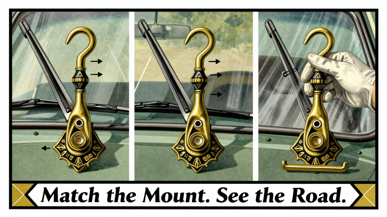 Три типа креплений щеток стеклоочистителя: крючок, боковой штырь и зажим, изображённые как декоративные металлические соединения.