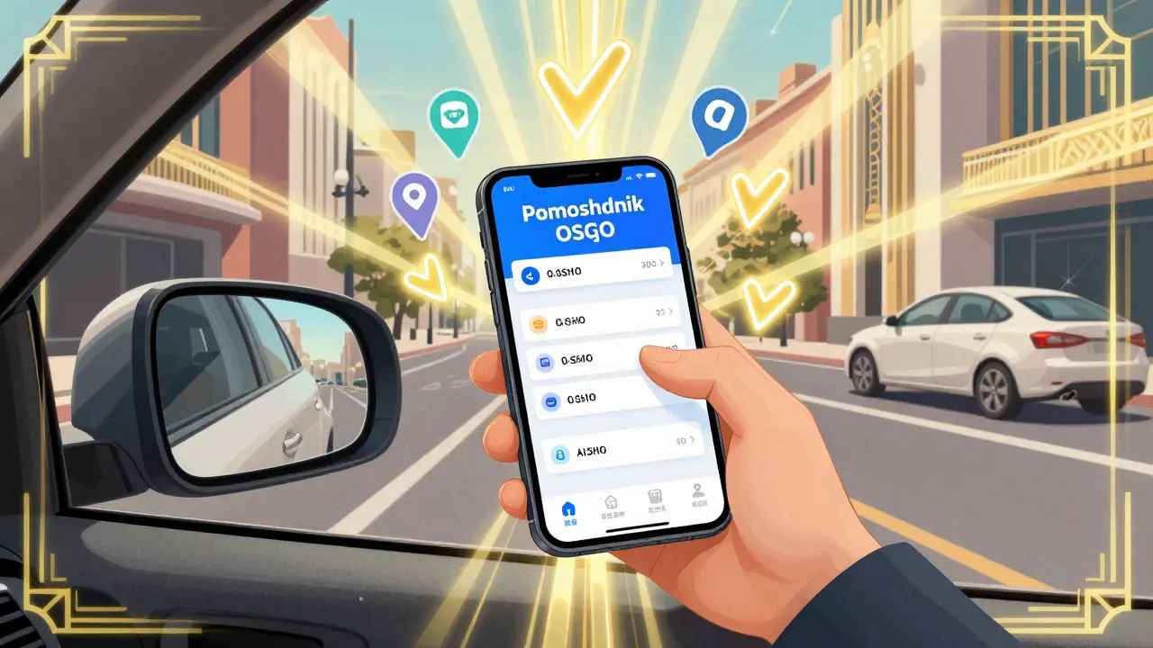 Водитель использует приложение для оформления ДТП, над телефоном — цифровые метки и отражения в зеркалах.