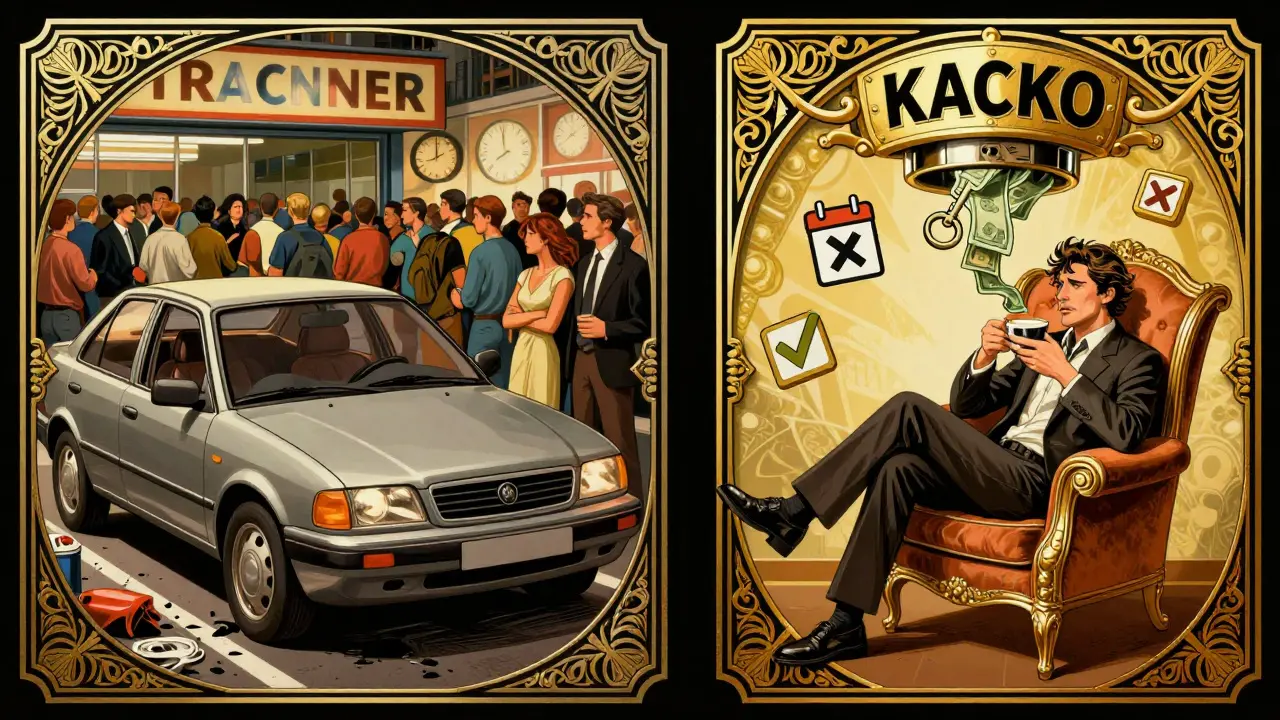 Водитель в кресле с деньгами против очереди на СТО, ар-деко стиль.