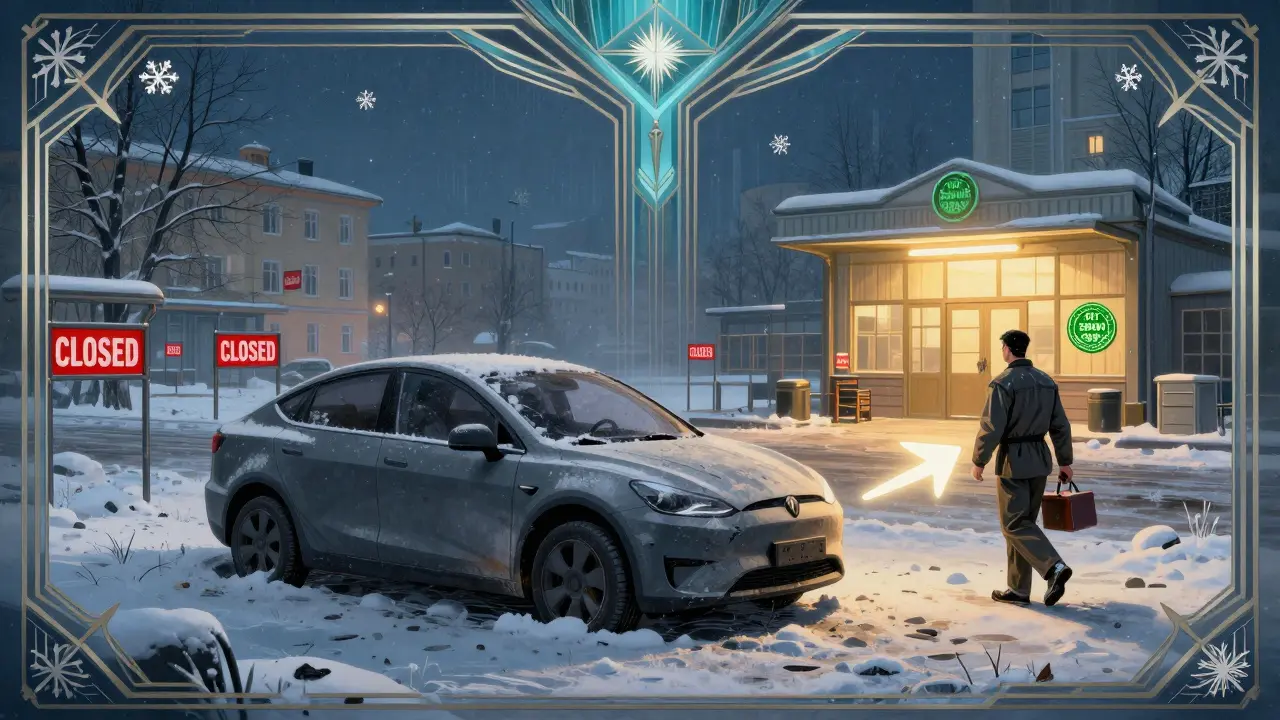 Заброшенный электромобиль в снежном городе, один сервис с сертификатом ГОСТ светится вдалеке, механик идет к нему.