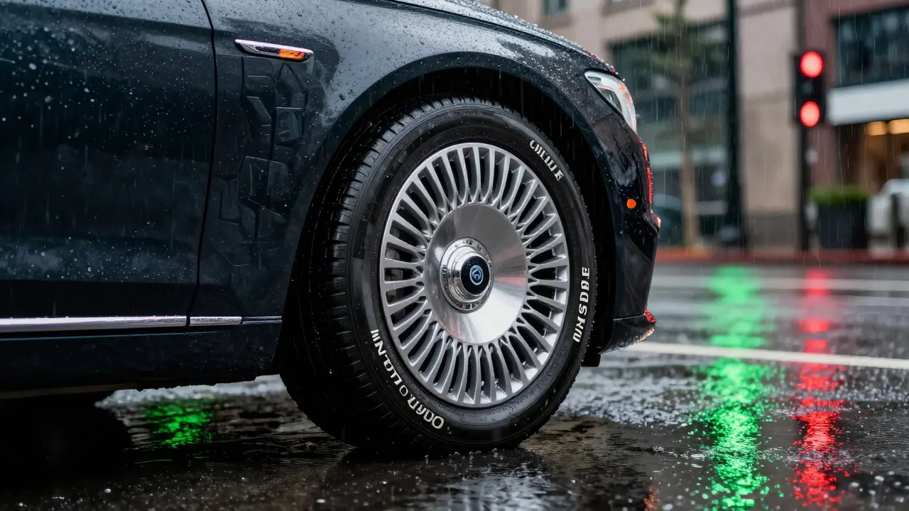 Асимметричная шина в дождь: жёсткие блоки снаружи и мелкие канавки внутри, в стиле ар-деко.