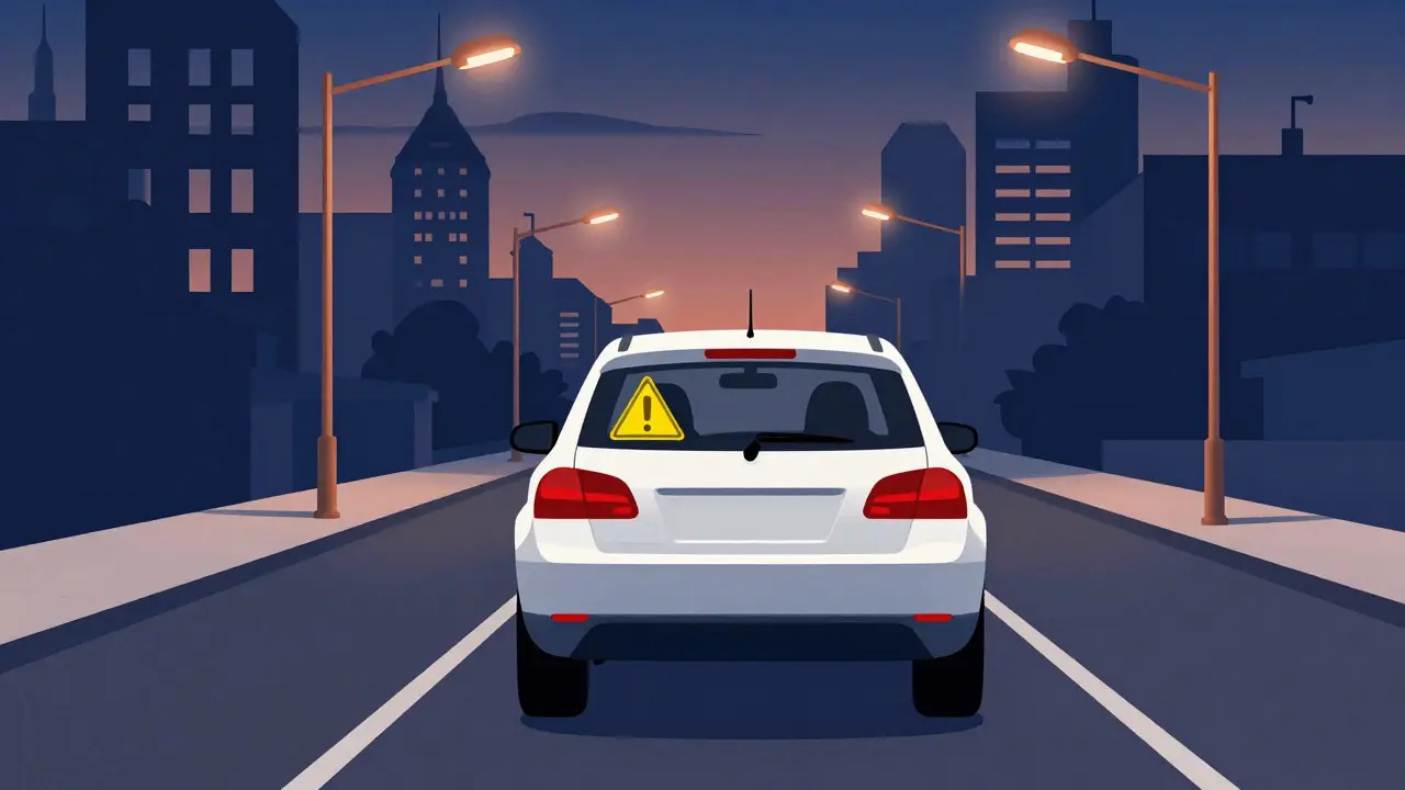 Автомобиль с желтым знаком безопасности на задней части.