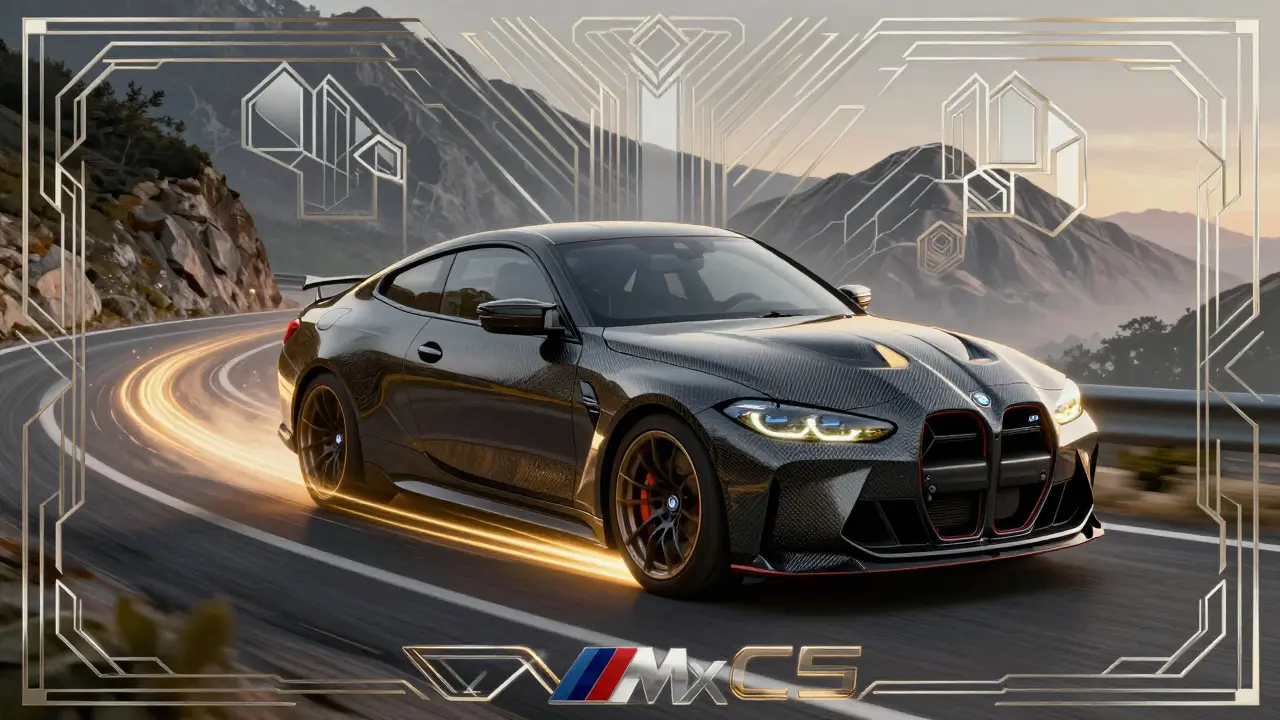 BMW M4 CS cornering on a mountain road with glowing torque lines and Art Deco speed elements.