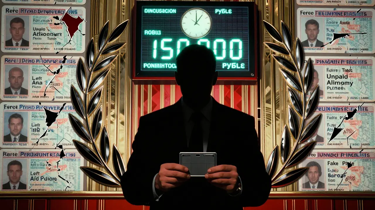 Человек стоит перед стеной сломанных прав, символы нарушений, цифры штрафов и часы на фоне в стиле ар-деко.