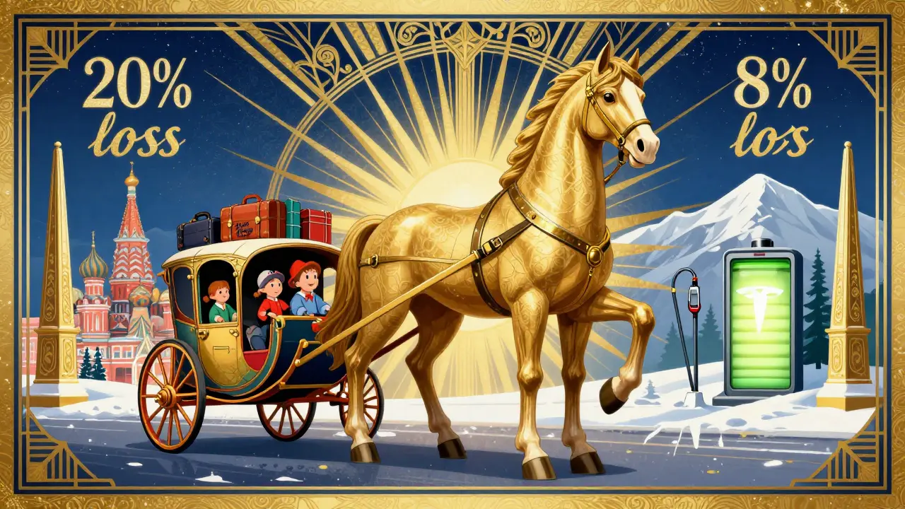 Электрокроссовер, как величественный конь, везёт семью через город и снежные горы, с символами зарядки и состояния батареи.