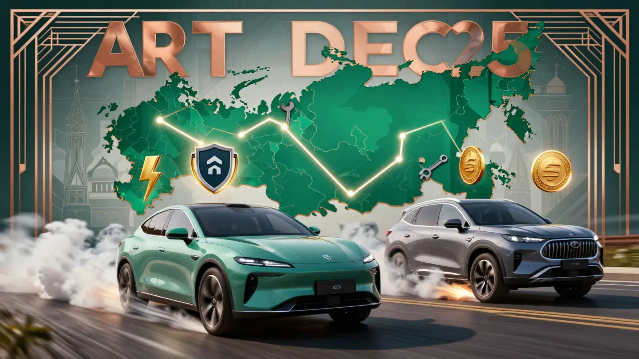 Электромобиль обгоняет бензиновую машину, над ними — символы затрат и льгот на карте России.