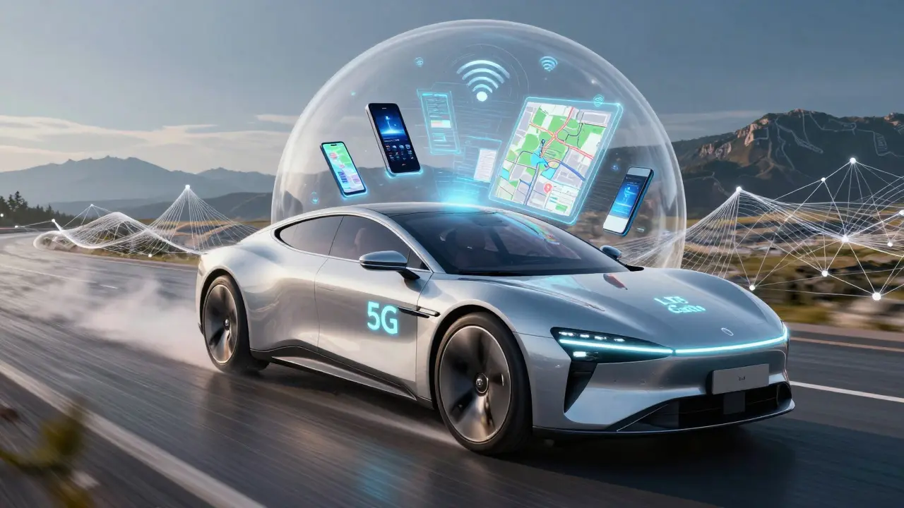 Футуристический автомобиль с символами 5G и LTE, внутри — голографические устройства в волнах цифровой связи в стиле ар-деко.