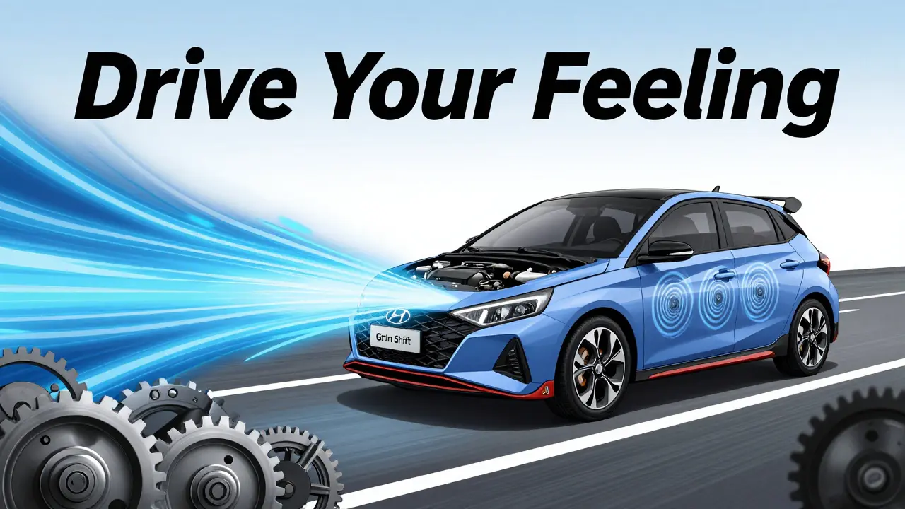 Hyundai N i20 launching with energy waves and sound spirals, featuring manual transmission and Art Deco style.