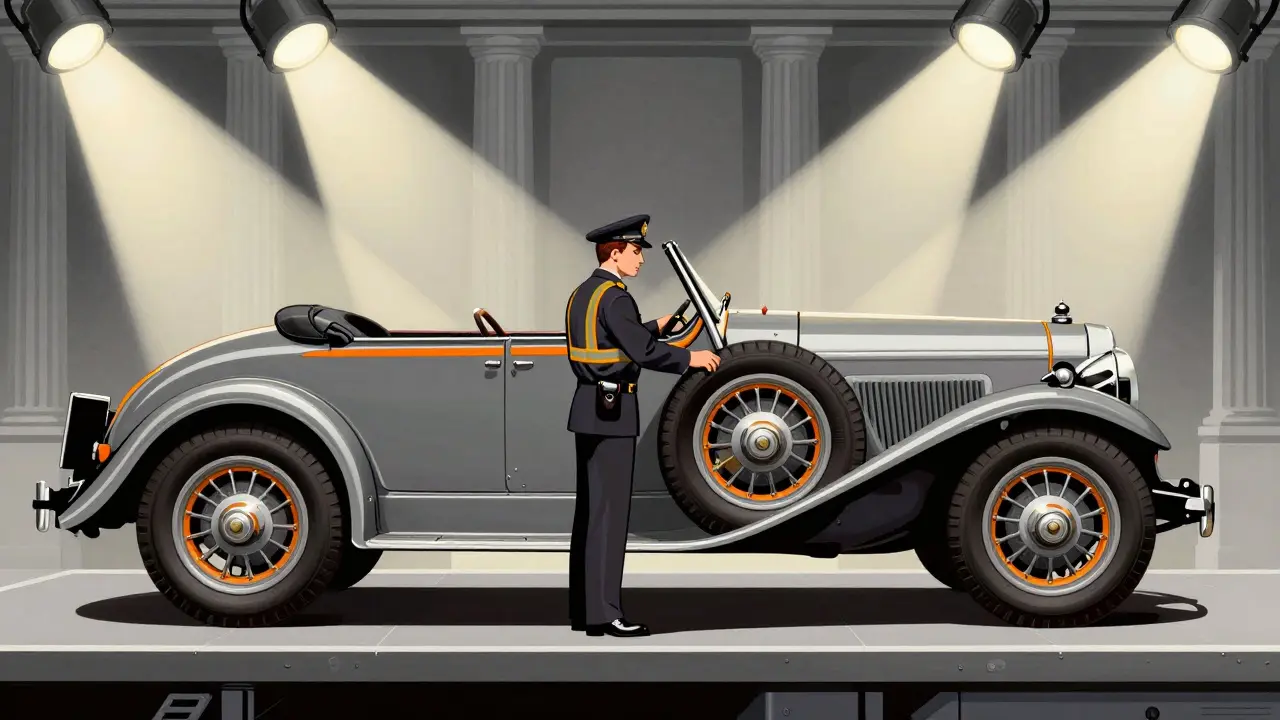 Инспектор проверяет кузов автомобиля на площадке