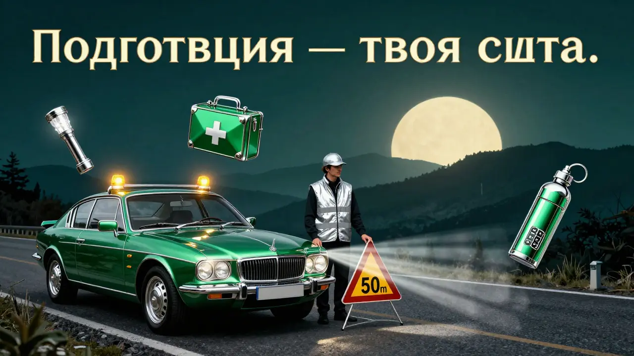 Машина на обочине трассы, водитель в жилете ставит аварийный знак, рядом — светящиеся предметы безопасности.