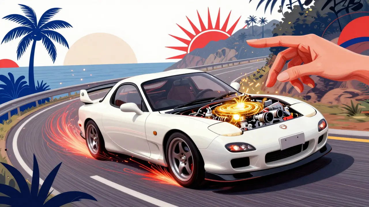 Мазда RX-7 в динамичном повороте, её двигатель изображён как золотой вихрь, а воздух пронизан энергичными линиями в стиле ар-деко.