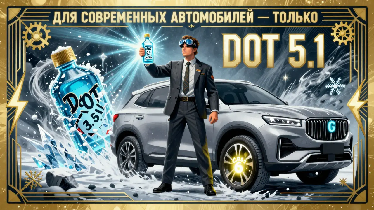 Mechanic holding DOT 5.1 bottle glowing with energy, icy storm behind crumbling DOT 3 bottle, golden Cyrillic text.