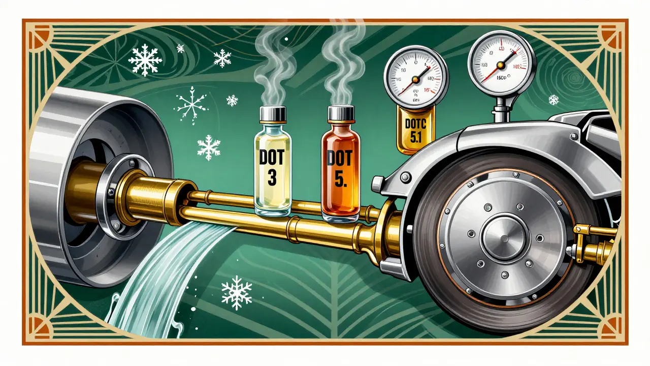 Mechanical cross-section of brake system with three fluid vials and temperature gauges in Art Deco style.