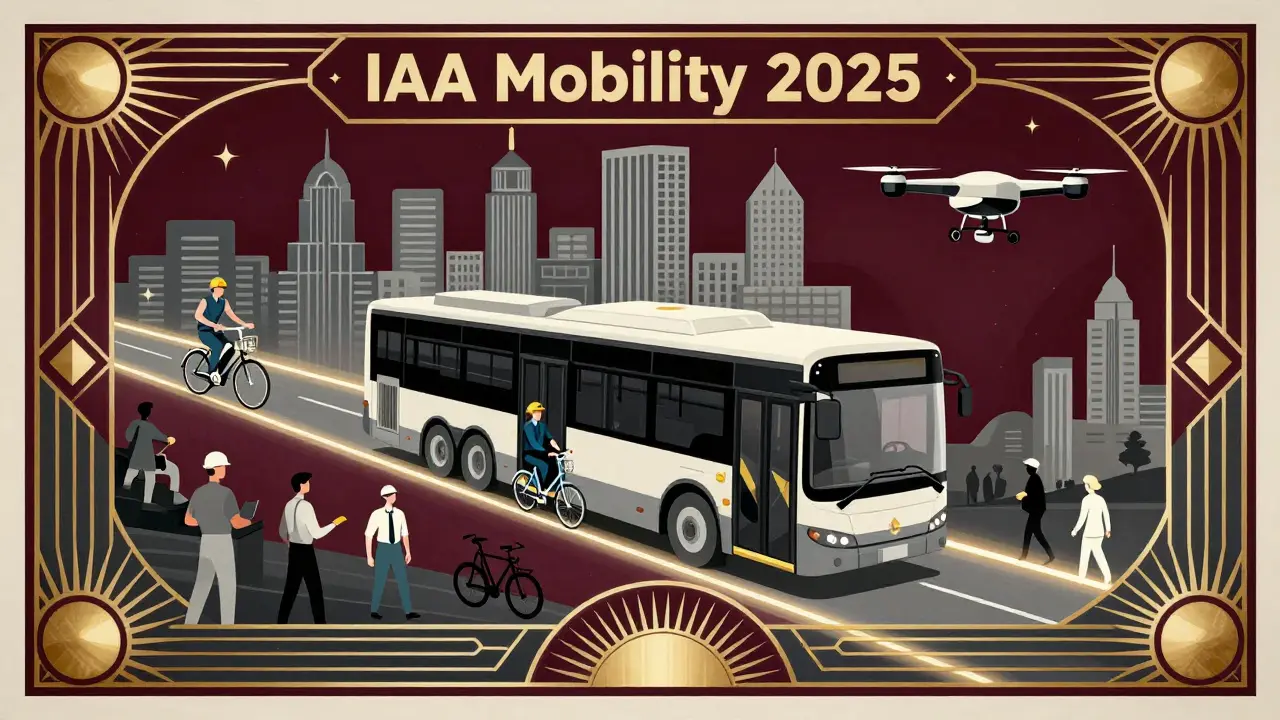 Monumental Art Deco mural showing a car transforming into multiple modes of transport at IAA Mobility.