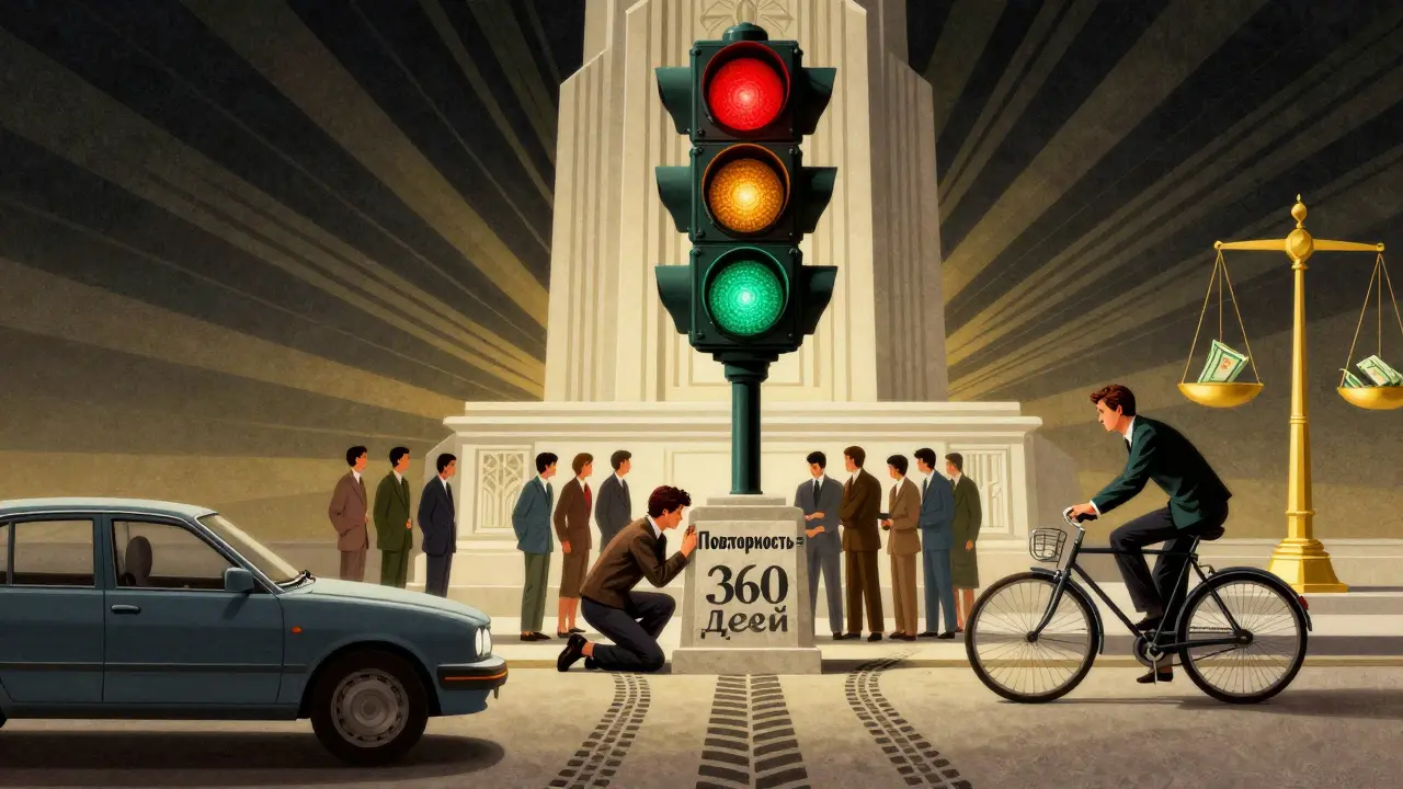 Монументальный светофор в стиле ар-деко, над которым висит табличка с 360 днями повторности.