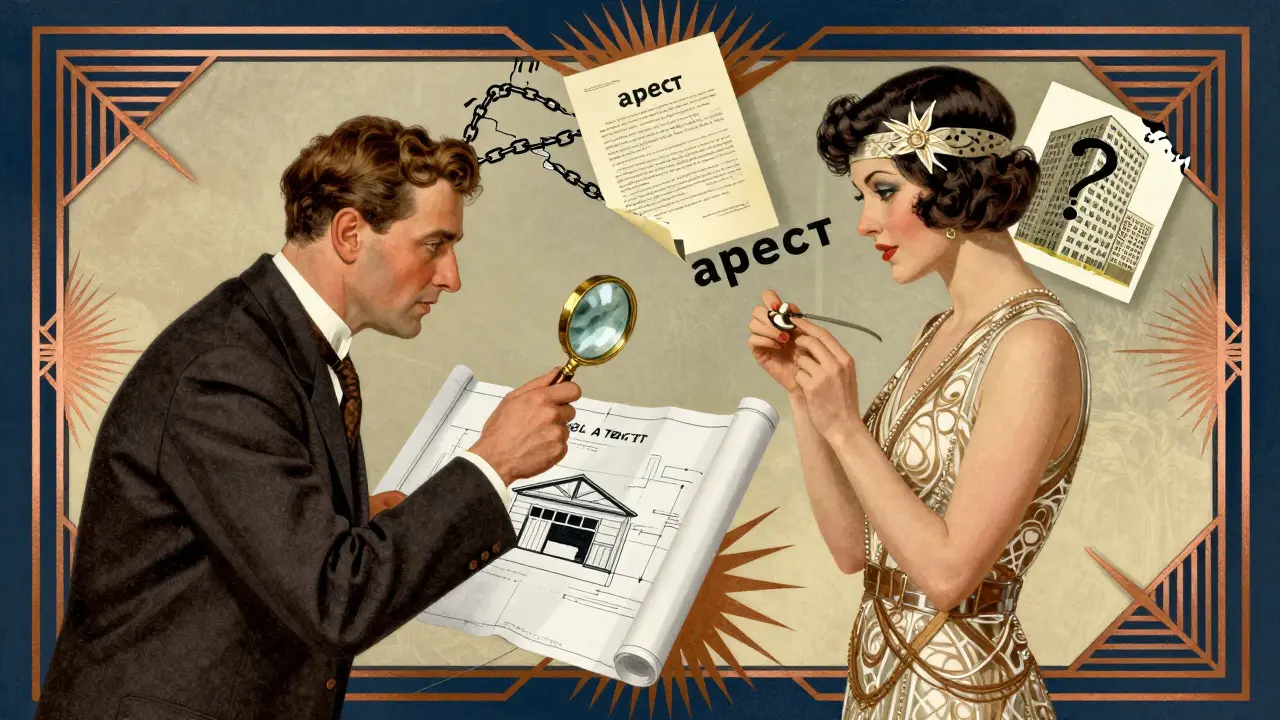 Мужчина с лупой проверяет план гаража, рядом — нотариальное согласие и предупреждения о земле и кооперативе.