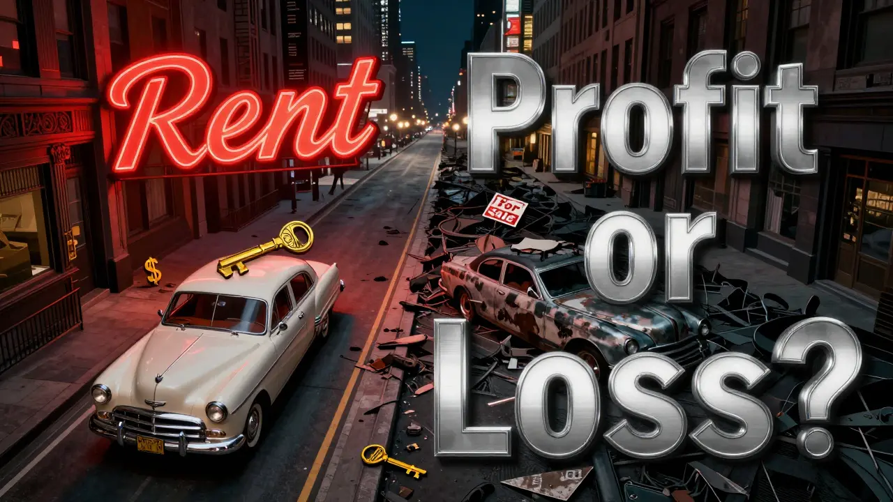 Nighttime cityscape with diverging paths for rental vs ownership in Art Deco advertising style.