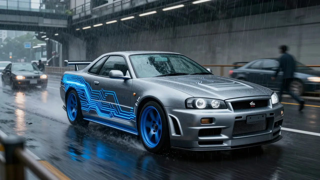 Ниссан Скайлайн GT-R R34 движется сквозь дождь, его система полного привода показана как светящиеся схемы, в стиле ар-деко.