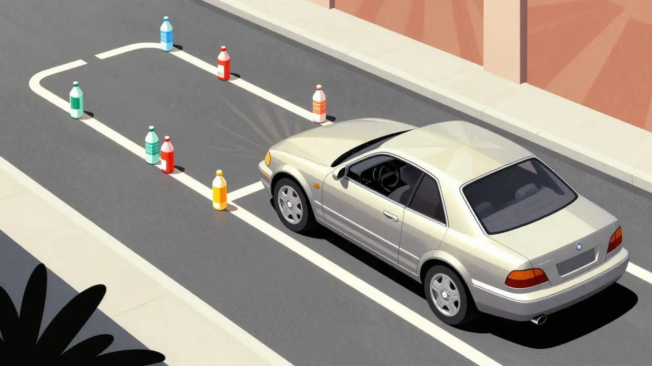 Обучение параллельной парковке с бутылками как метками