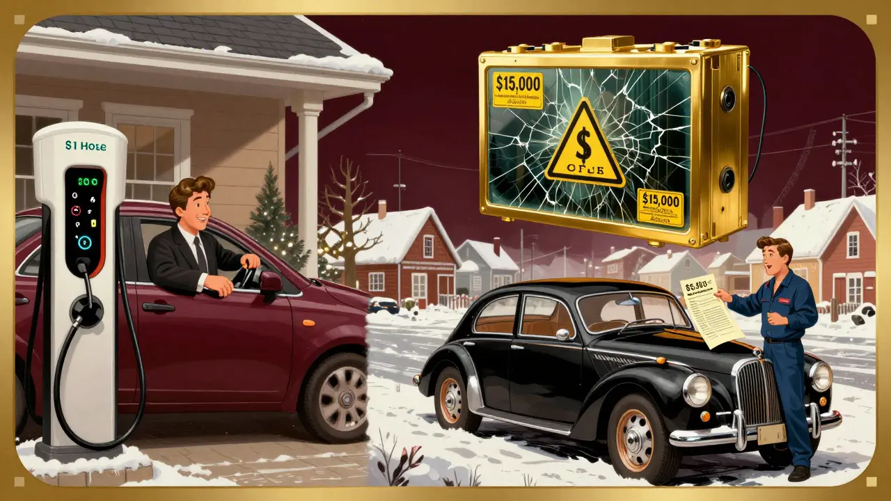 Разделённая сцена: уютная зарядка дома vs. дорогой ремонт в провинции с огромной батареей.