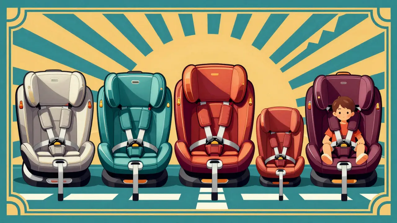 Различные типы детских автокресел для разных возрастов.