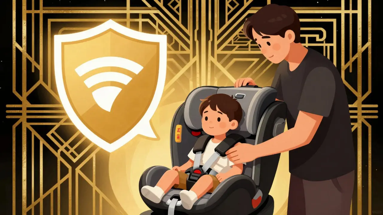 Родитель проверяет безопасность сертифицированного автокресла.