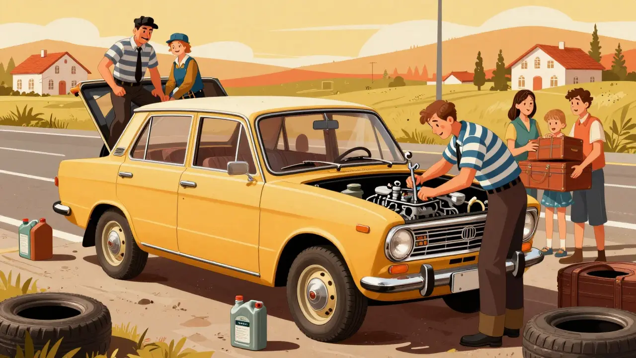 Семья чинит Жигули на обочине, вокруг — советский пейзаж и инструменты.