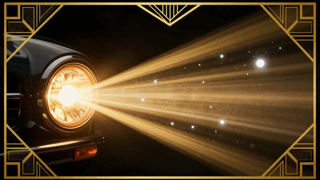 Схематичное изображение света фар и капель воды в воздухе.